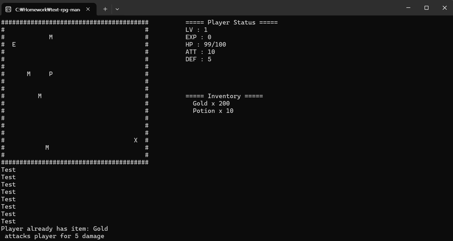 현재 ASCII RPG 실제 게임 화면